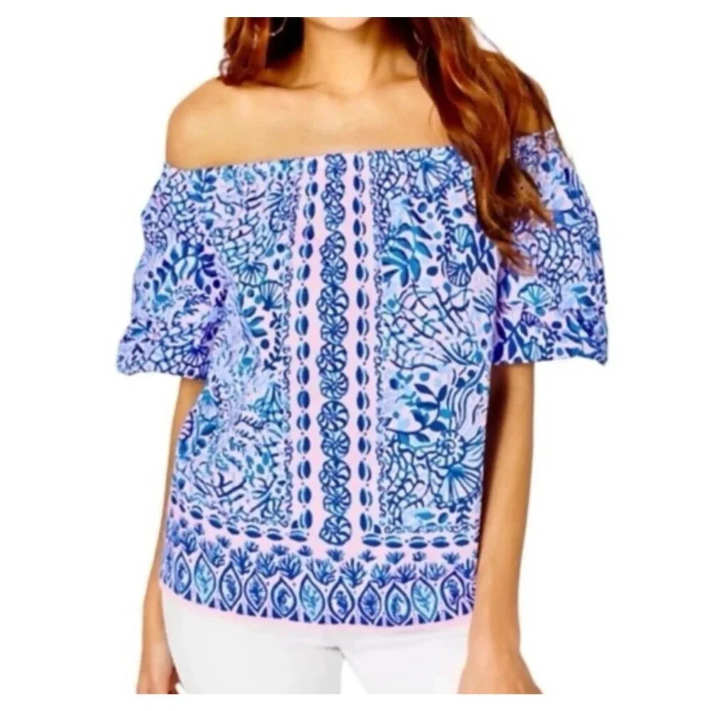 Lilly Pulitzer Off The Shoulder Top Sz XL Frankee Puff Sleeve Pink Blue Sea NWOT